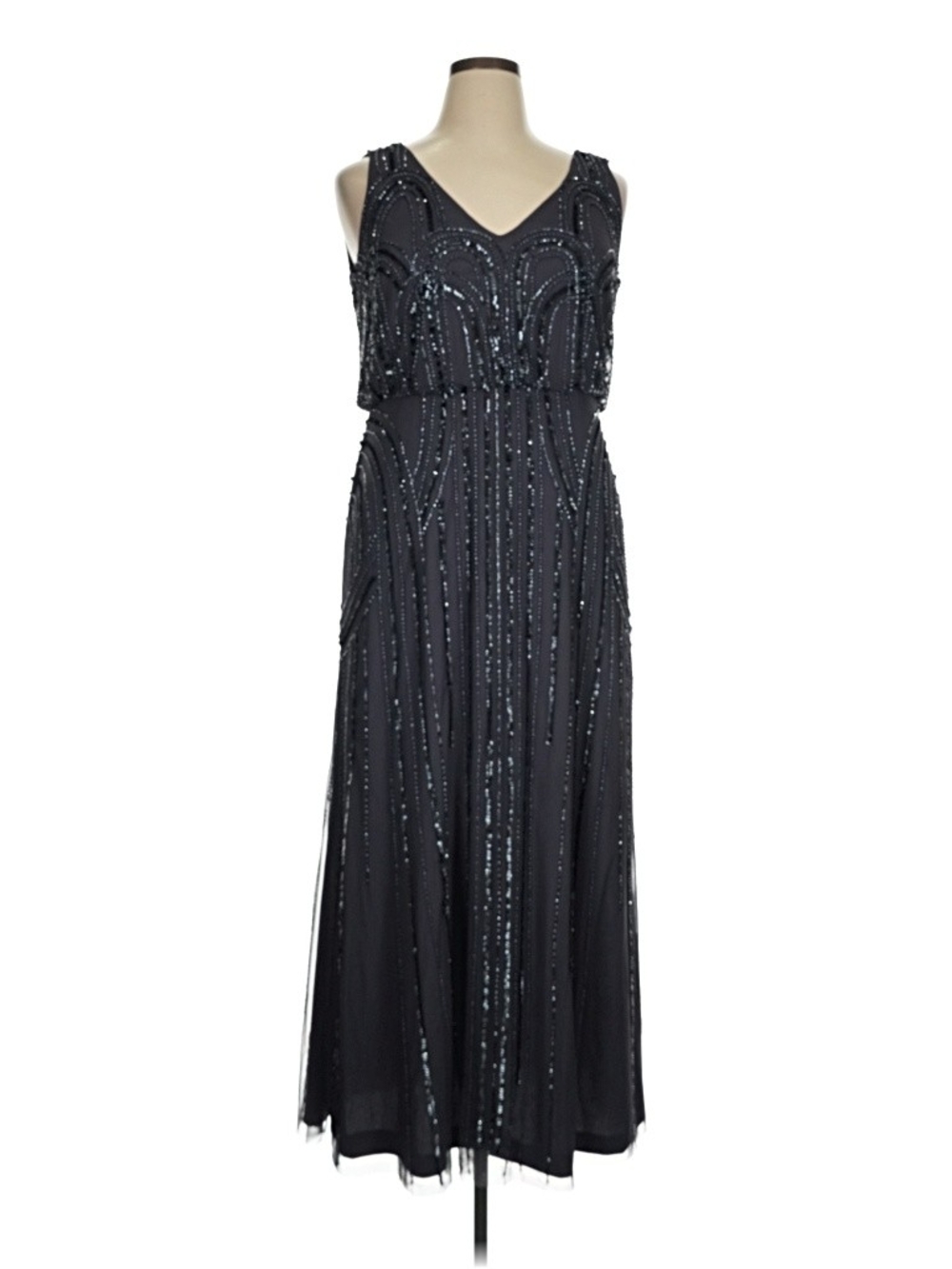 Adrianna Papell  Grey ,Black Sequin V-Neck Maxi Gown